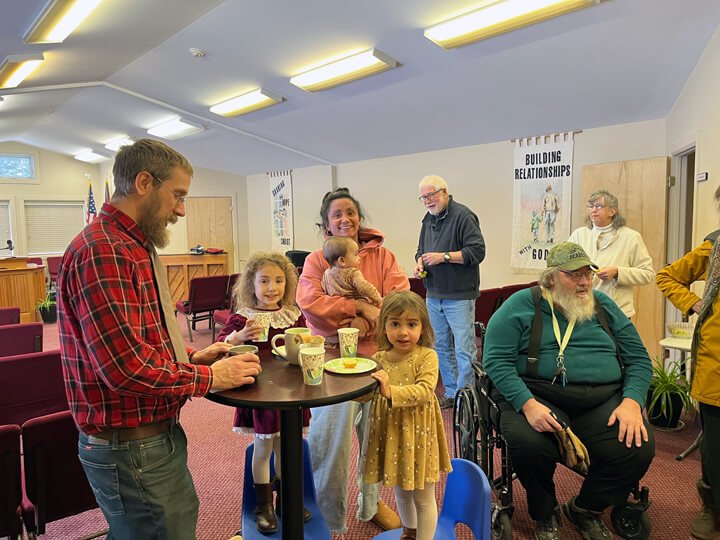 Congregation members gathered in fellowship after Sunday morning worship at Adirondack Alliance Church